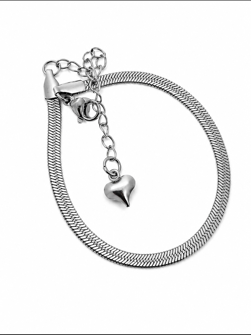 Polished Silver Heart Charm Snake Bracelet